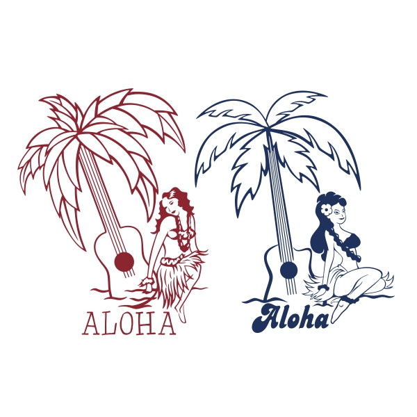 Aloha Hula Girl with Guitar Palm Tree SVG Cuttable Designs