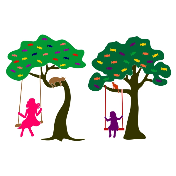 Girl Playing Rope Tree Swing with Cat SVG Cuttable Design