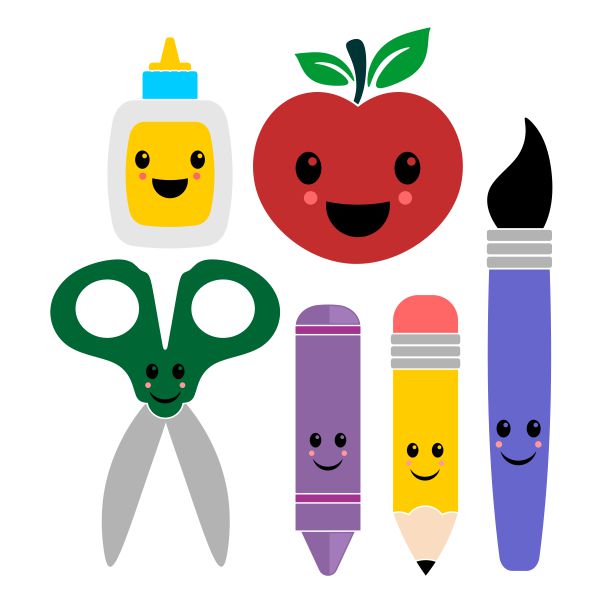 School Pack SVG Cuttable Designs with Apple, Glue, Scissors, Crayon, Pencil, Brush