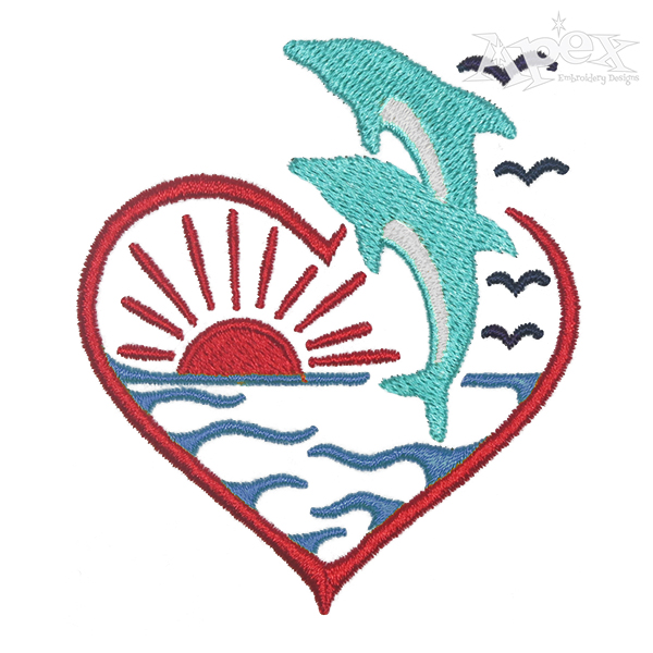 Flying Dolphins Beach Heart Embroidery Design