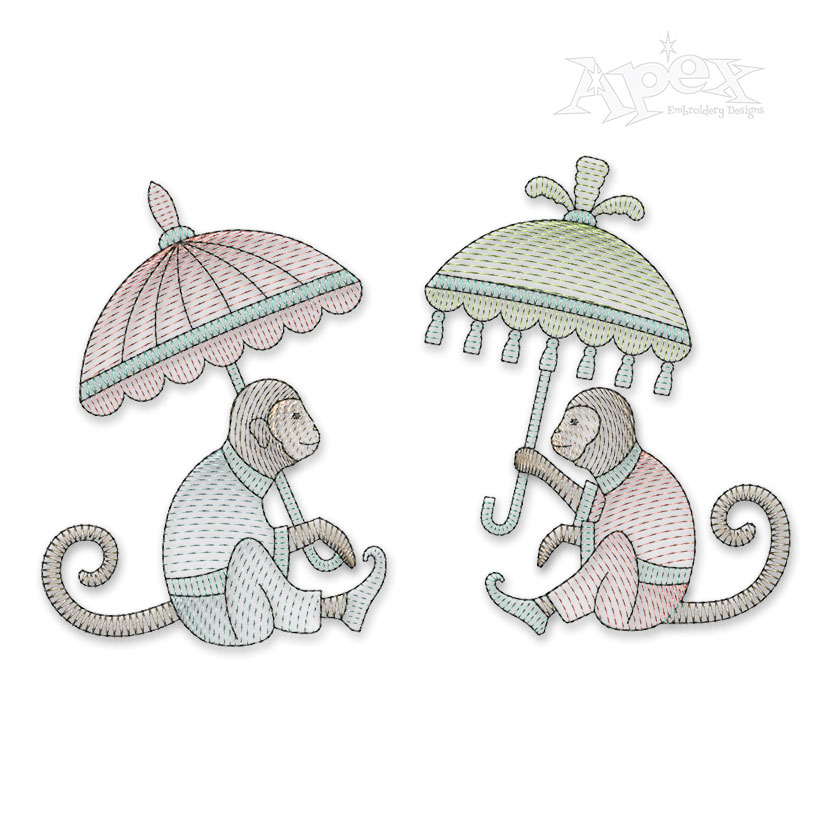 Monkey Holding Umbrella #3 Sketch Embroidery Design