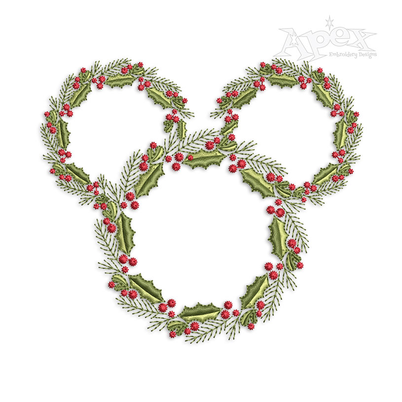Christmas Holly Mouse Head Wreath Machine Embroidery Design by Apex