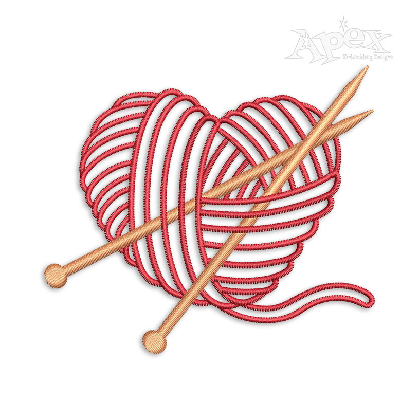 Knitting Needles and Heart Yarn Machine Embroidery Design