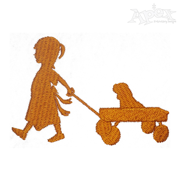 Girl Towing Puppy Wagon Embroidery Design