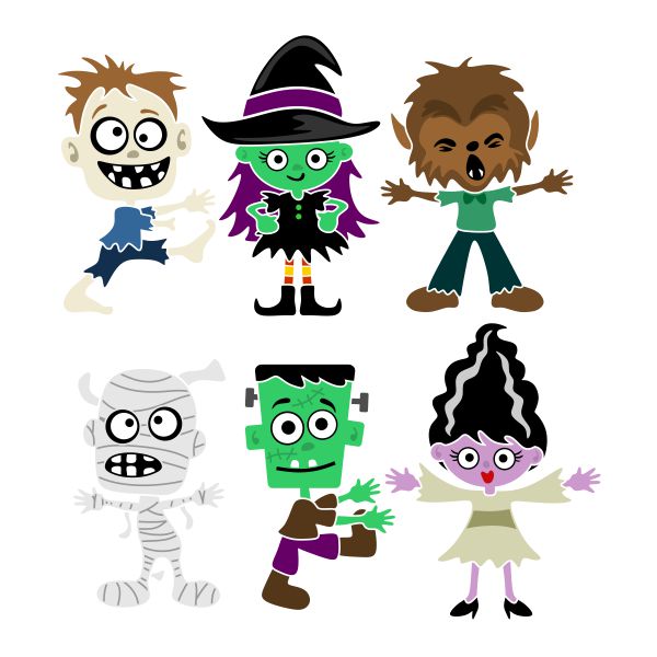 Halloween Cute Characters Frankenstein & Bride, Wolfman, Mummy SVG Cuttable Design