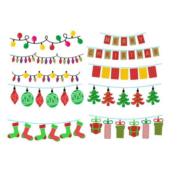Christmas Banners with Light, Bulb, Ornament, Tree, Stocking and Gift Present SVG Cuttable Design