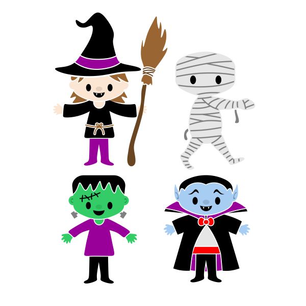 Halloween Kids Witch Mummy Frankenstein and Dracula SVG Cuttable Design