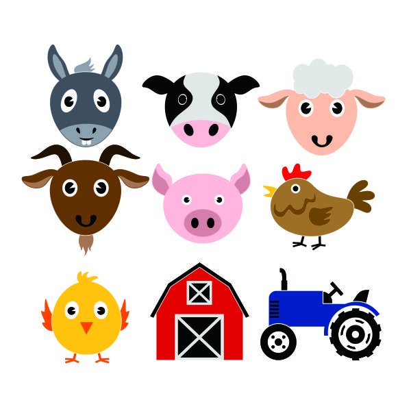 Farm Pack with Donkey Cow Sheep Goat Pig Hen Chicken Barn House and Tractor SVG Cuttable Design