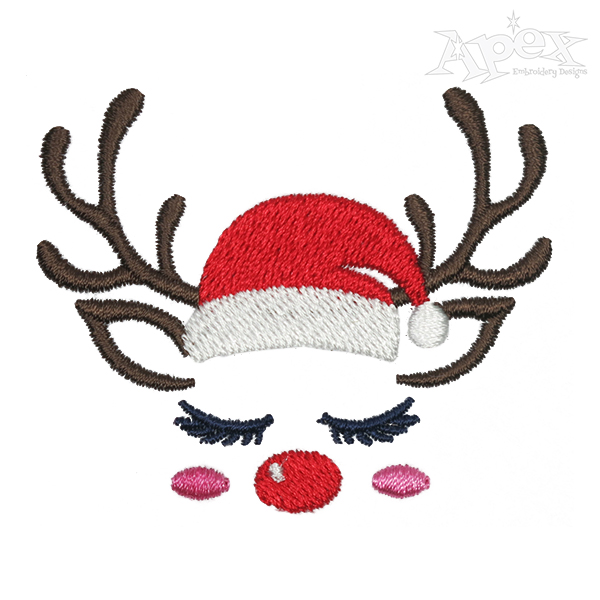 Cute Santa Hat Reindeer Face Embroidery Design