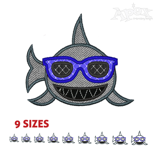 Shark Sunglasses Applique Embroidery Design