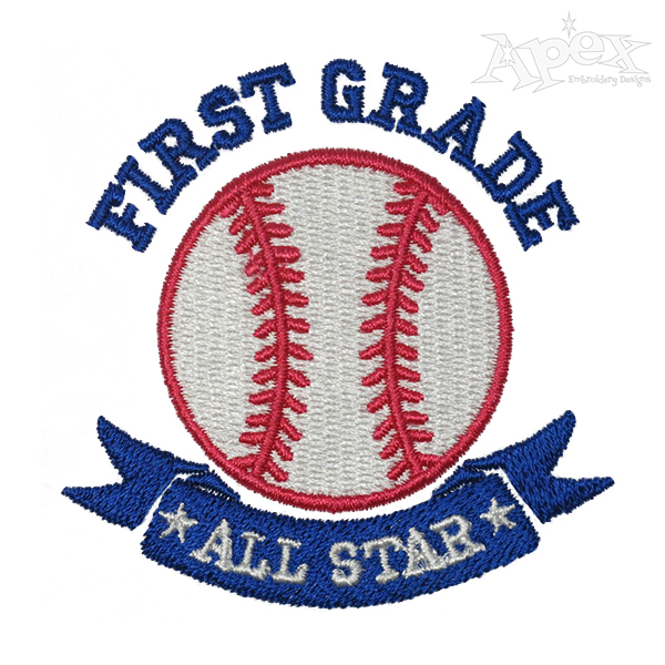 School First Grade All Star Baseball Embroidery Design