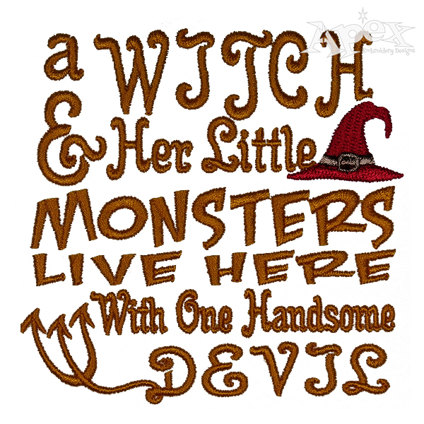 A Witch and Her Little Monster Embroidery Design
