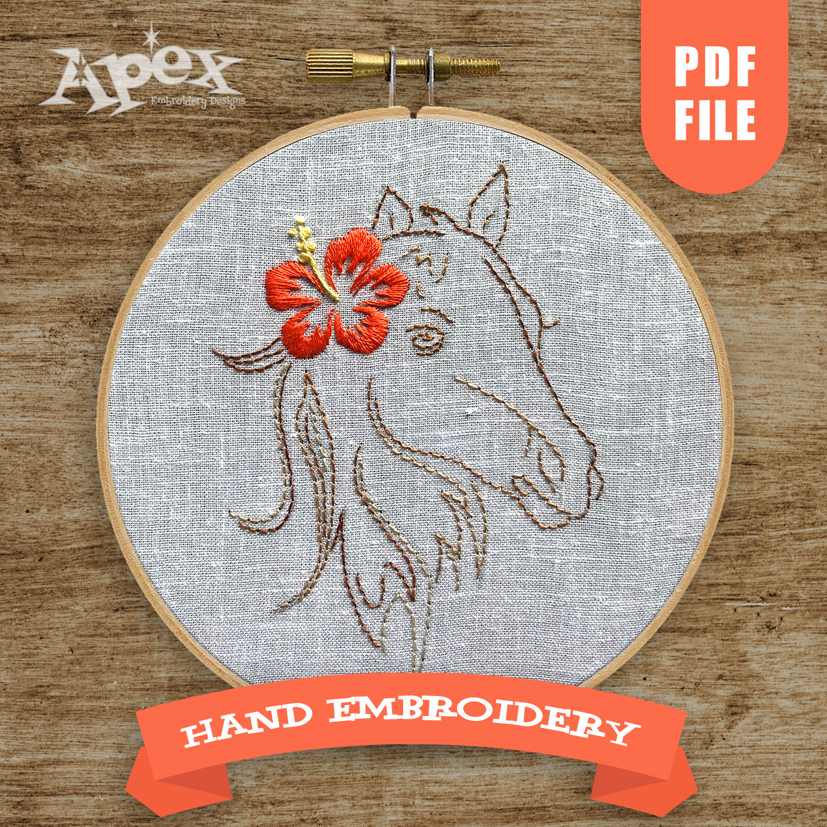 Hibiscus Flower Horse Hand Embroidery Pattern