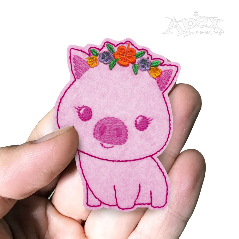 Kawaii Spring Flowers Pig Feltie ITH Embroidery Design