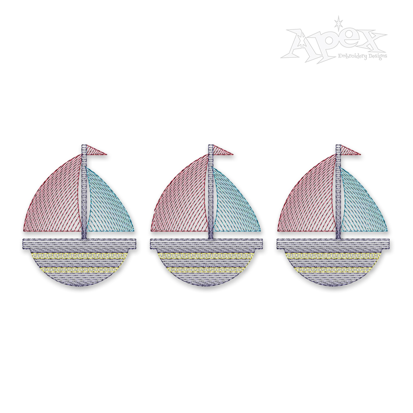 Trio Sailboats Sketch Embroidery Design