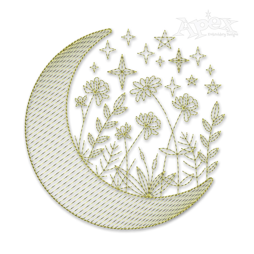 Crescent Moon With Flowers Sketch Embroidery Design
