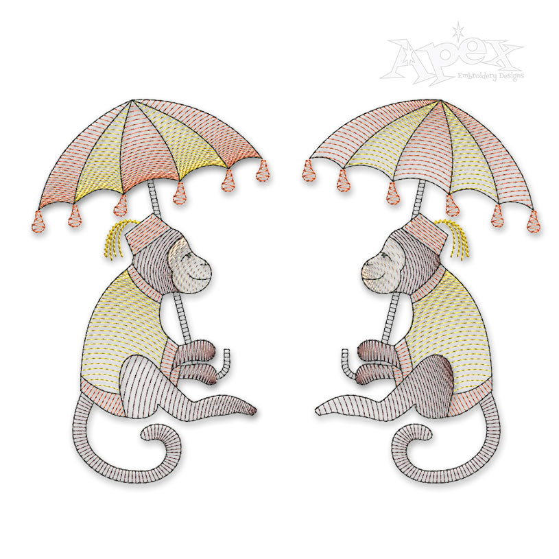 Monkey Holding Umbrella #2 Sketch Embroidery Design
