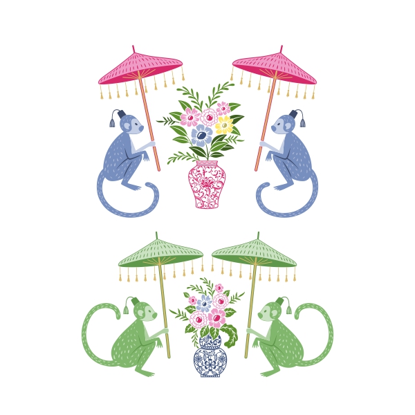 Chinoiserie Monkey holding Umbrella and Flower Vase SVG Cuttable Design