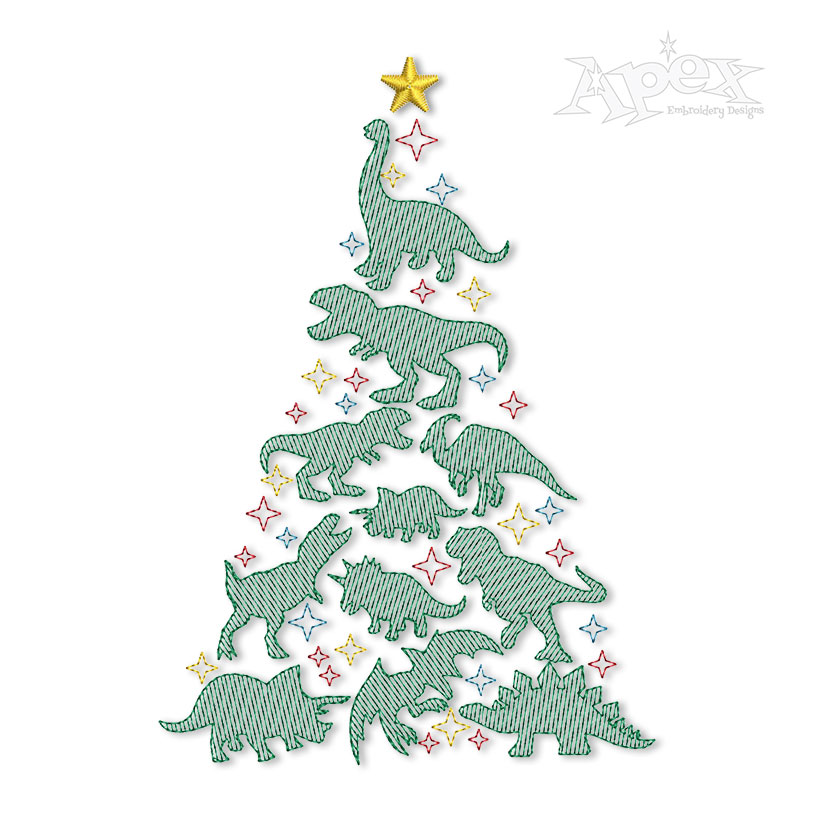 Dinosaurs Christmas Tree Sketch Embroidery Design
