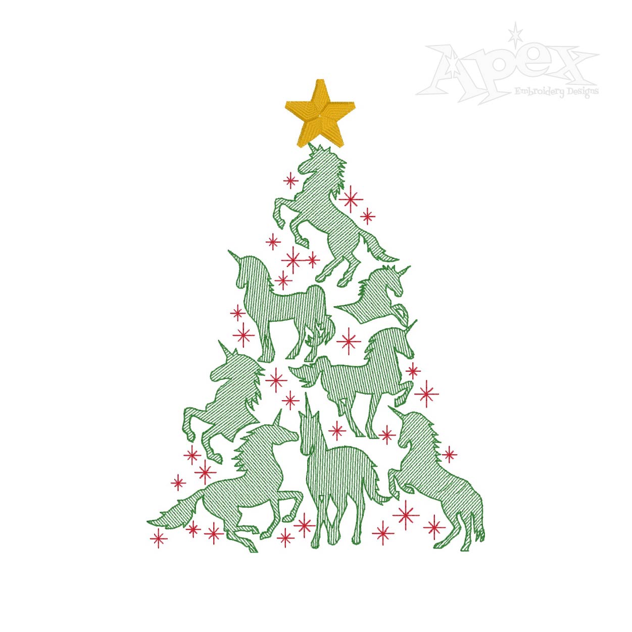 Unicorns Christmas Tree Sketch Embroidery Design