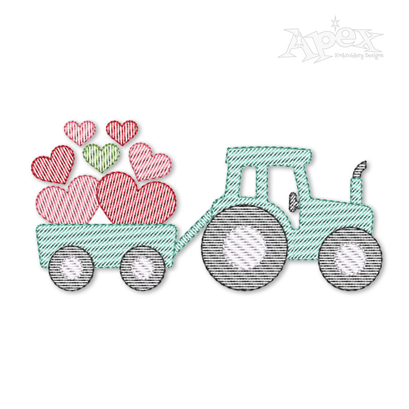 Valentine Tractor Wagon Sketch Embroidery Design