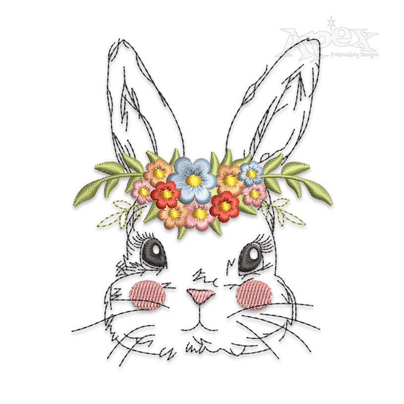 Adorable Bunny Face with Flower Wreath Embroidery Design