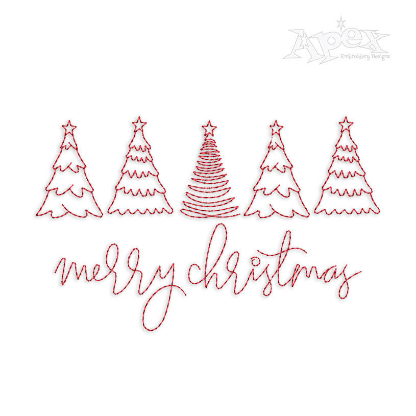 Merry Christmas Trees Line Art Machine Embroidery Design