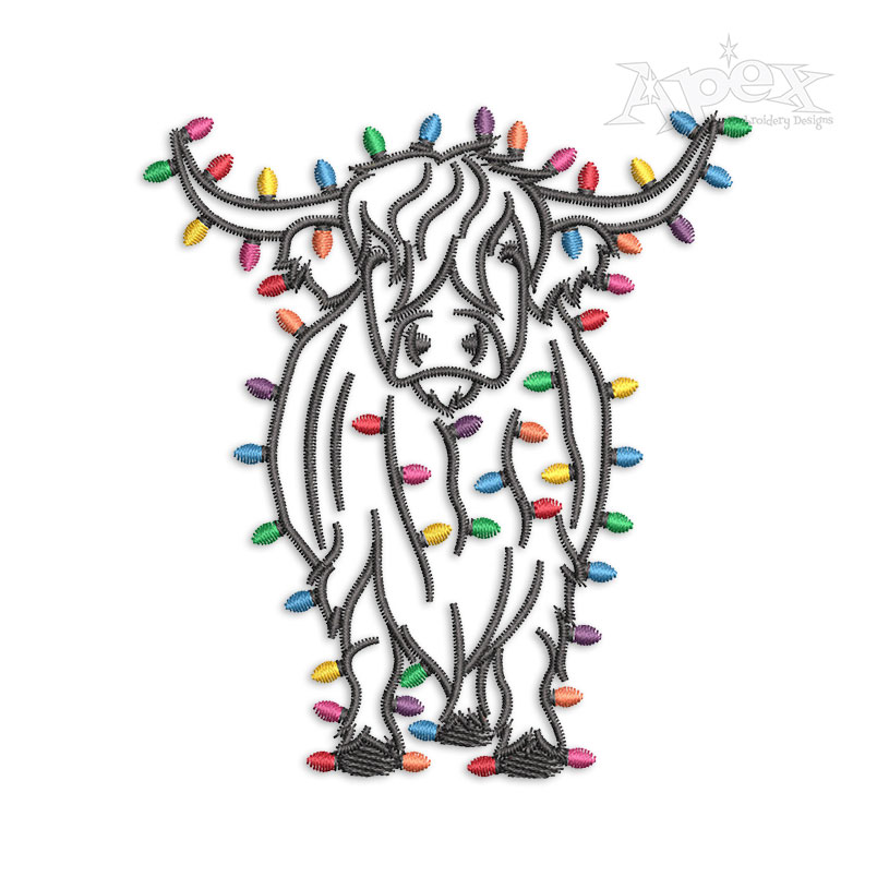 Christmas Highland Cow with Light String Machine Embroidery Design