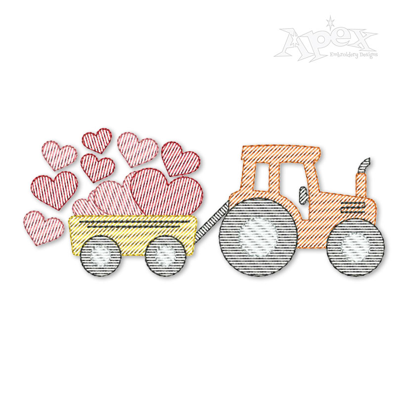 Hearts Tractor Sketch Machine Embroidery Design