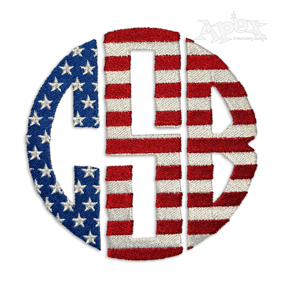 USA Flag Round Machine Monogram Embroidery Font Designs