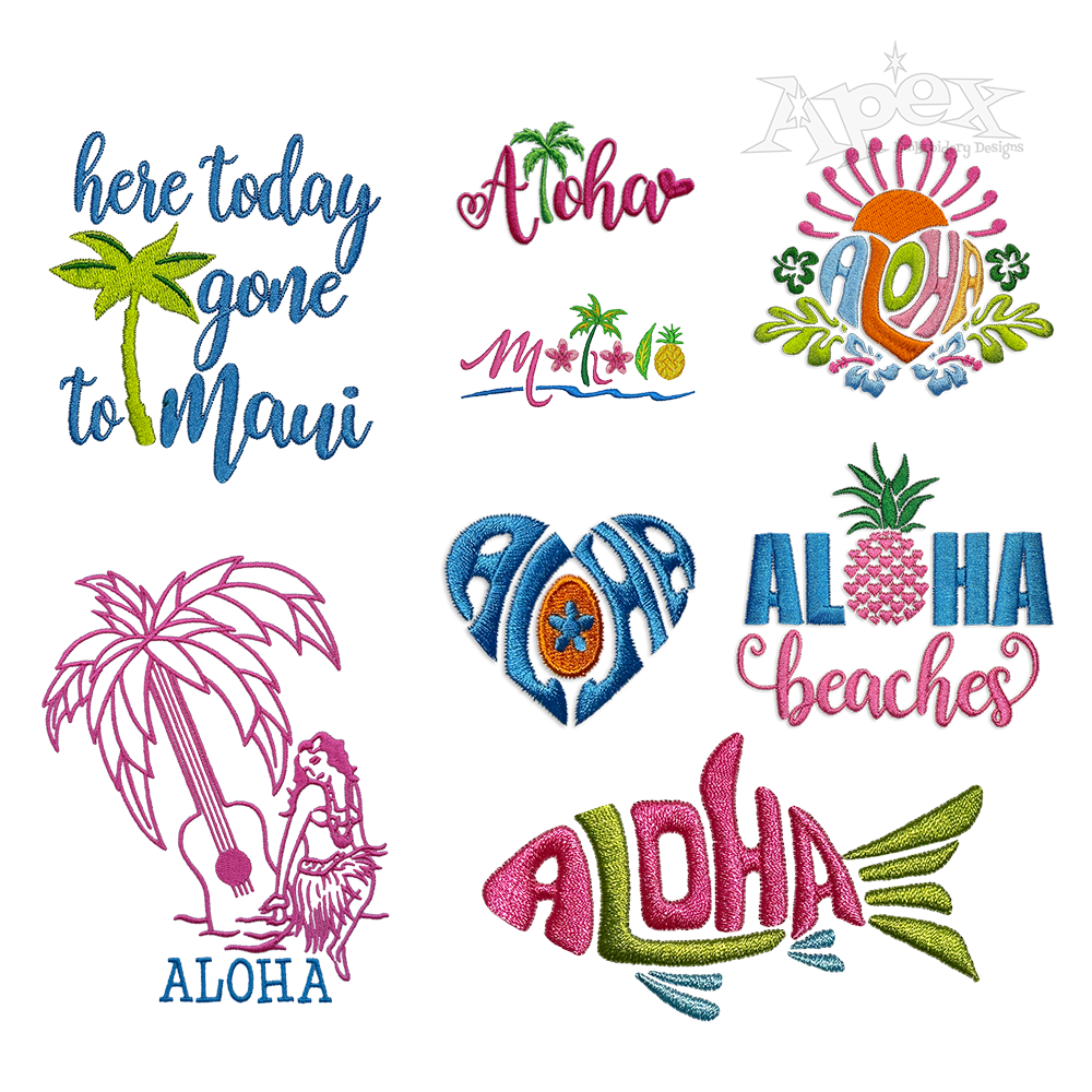  Hawaii Aloha Mahalo Beach Embroidery Designs by Apex All