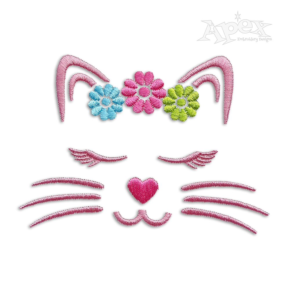 Cute Cat Face Outine with Flowers Machine Embroidery Designs