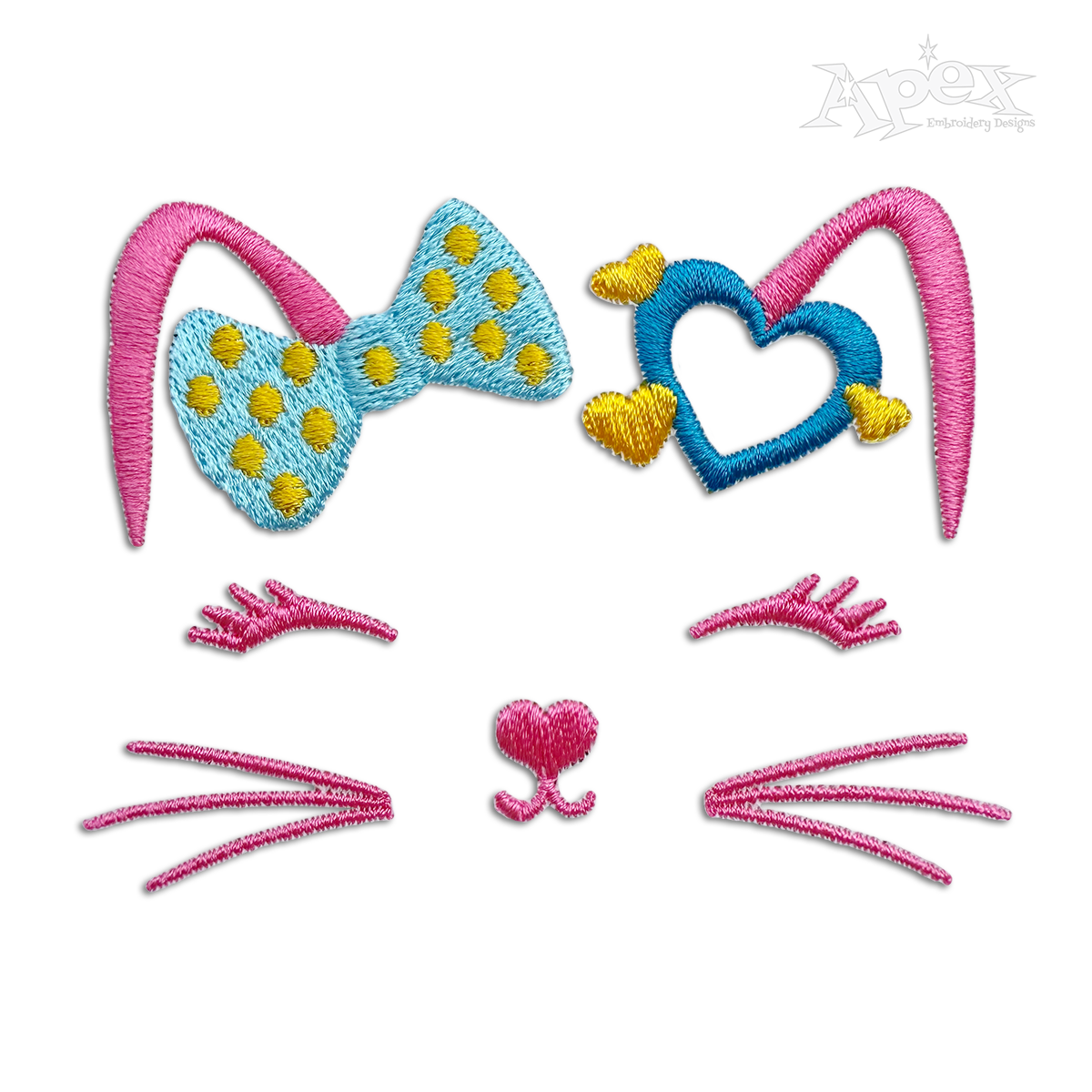 Cute Cat Face with Bow Machine Embroidery Design by Apex