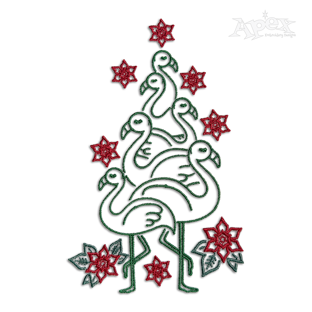 Flamingo and Poinsettia Christmas Tree Embroidery Design Digitize