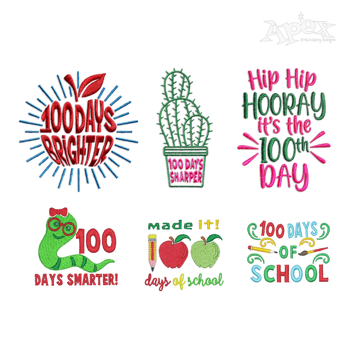 100 Days of School Celebration Machine Embroidery Designs by Apex All