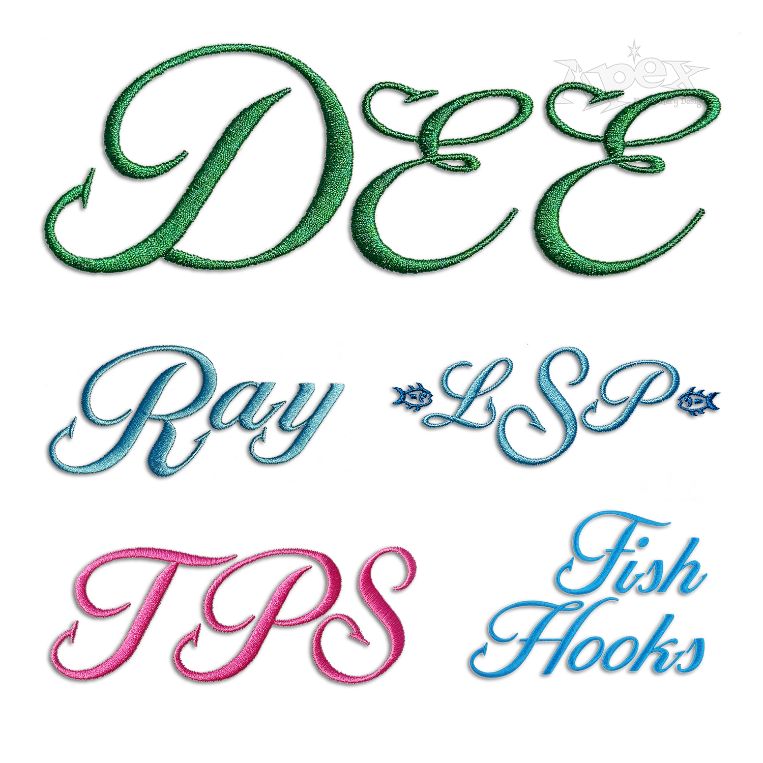 Fish Fishing Hooks Script Machine Embroidery Font - Apex