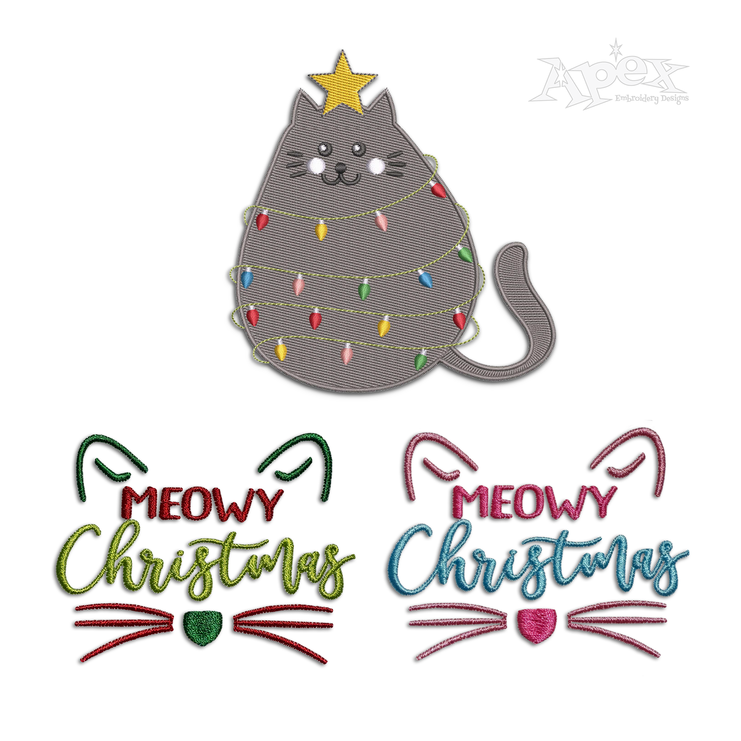 Meowy Christmas Cat Light String Bundle Machine Embroidery Designs Apex