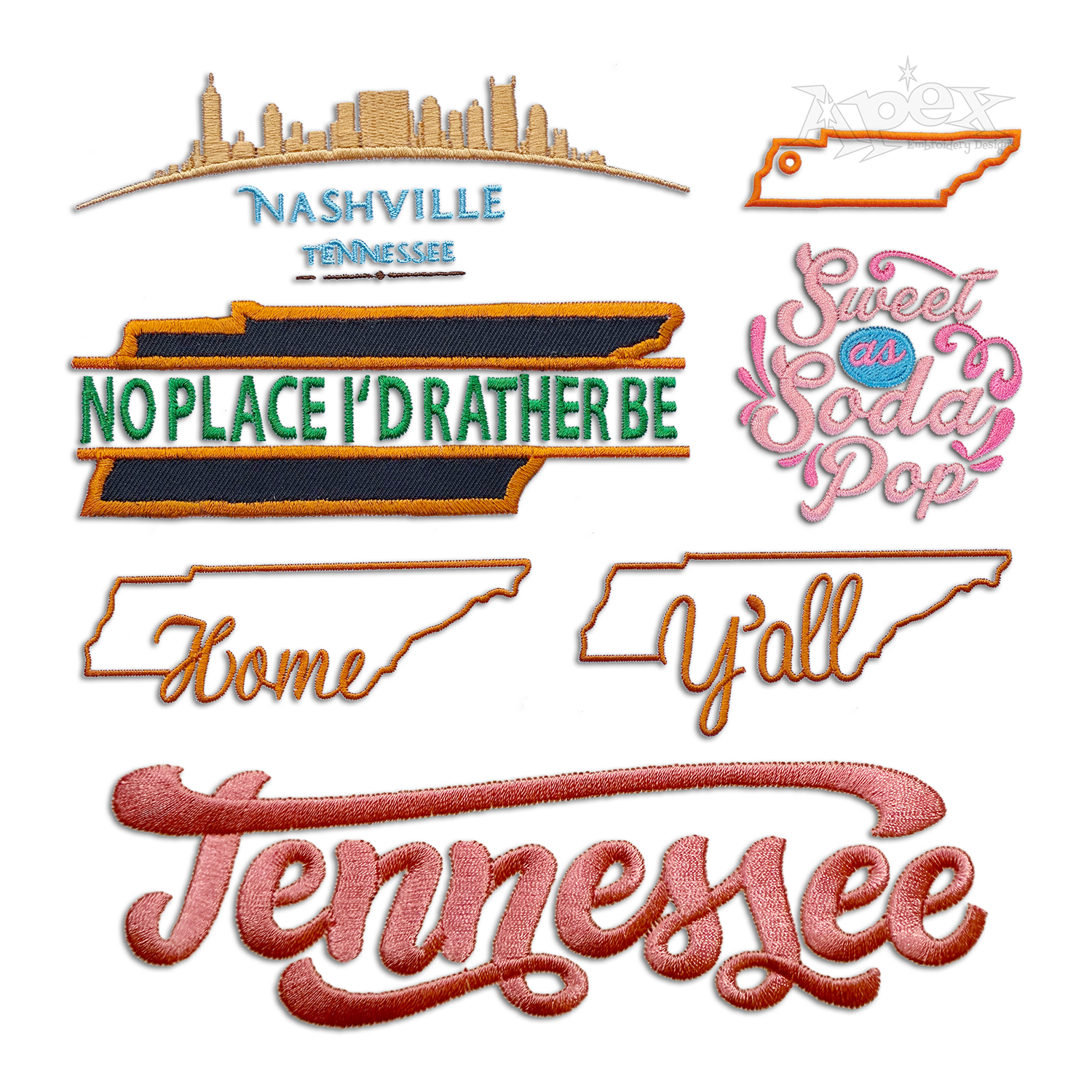 Tennessee TN State Machine Embroidery Designs Digitized by Apex