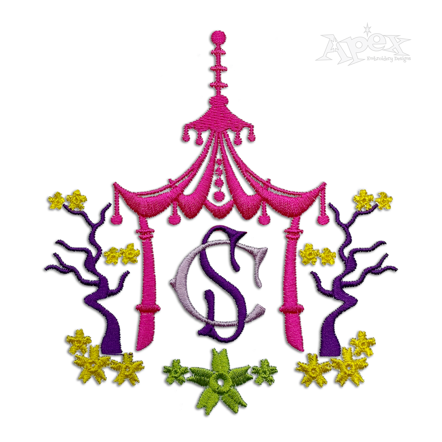 Pagoda Monogram Machine Embroidery Frames Digitized by Apex Art