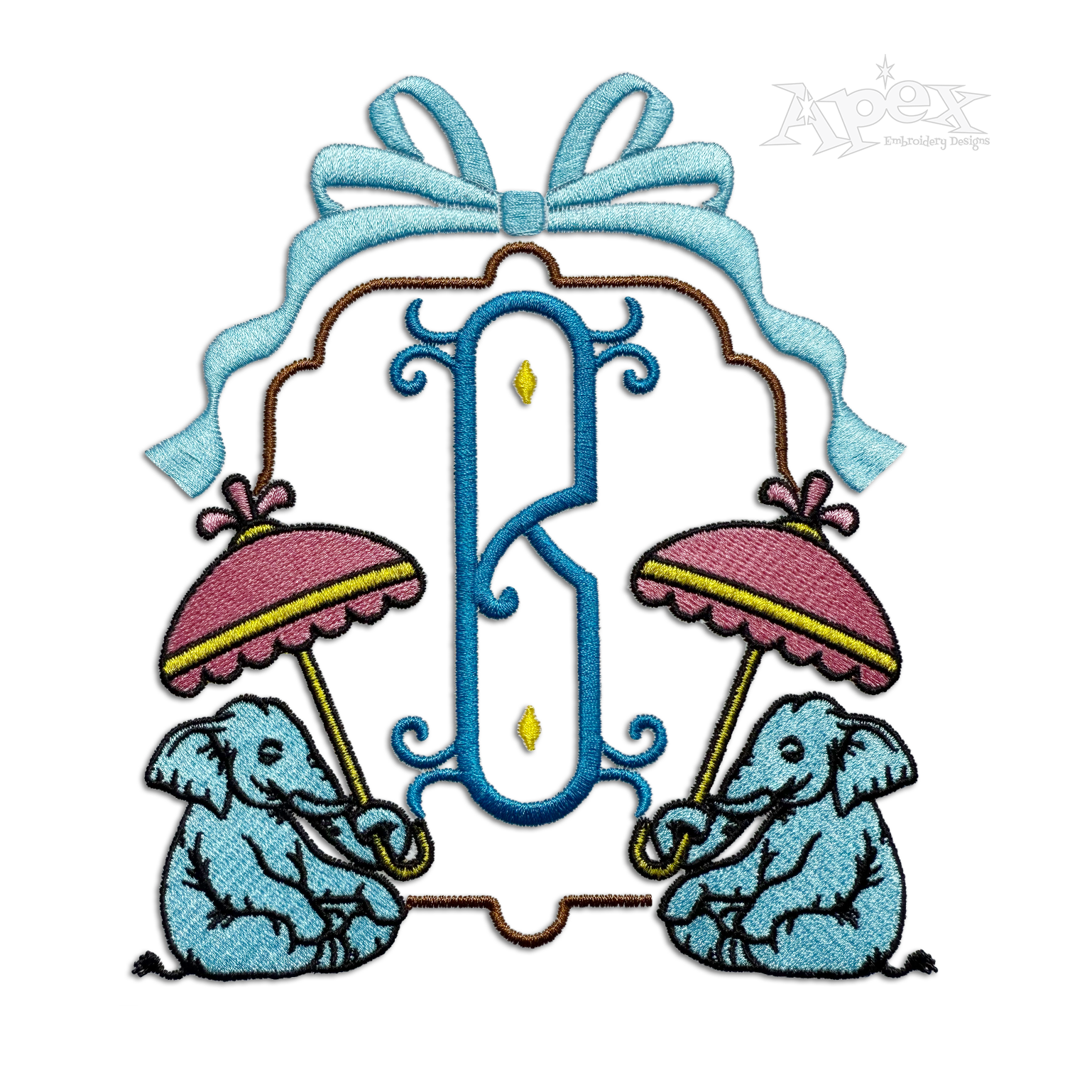 Chinoiserie Elephant holding Umbrella Machine Embroidery Frame with Ribbon Topper