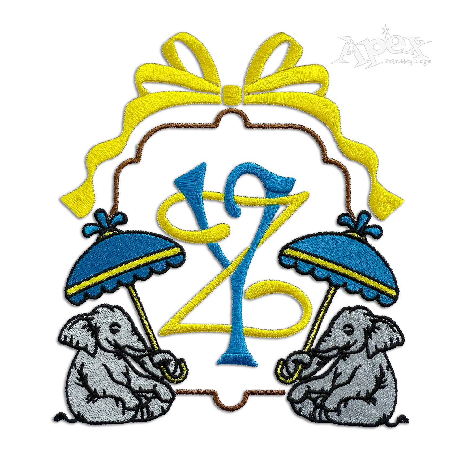 Chinoiserie Elephant holding Umbrella Embroidery Frame with Ribbon Topper