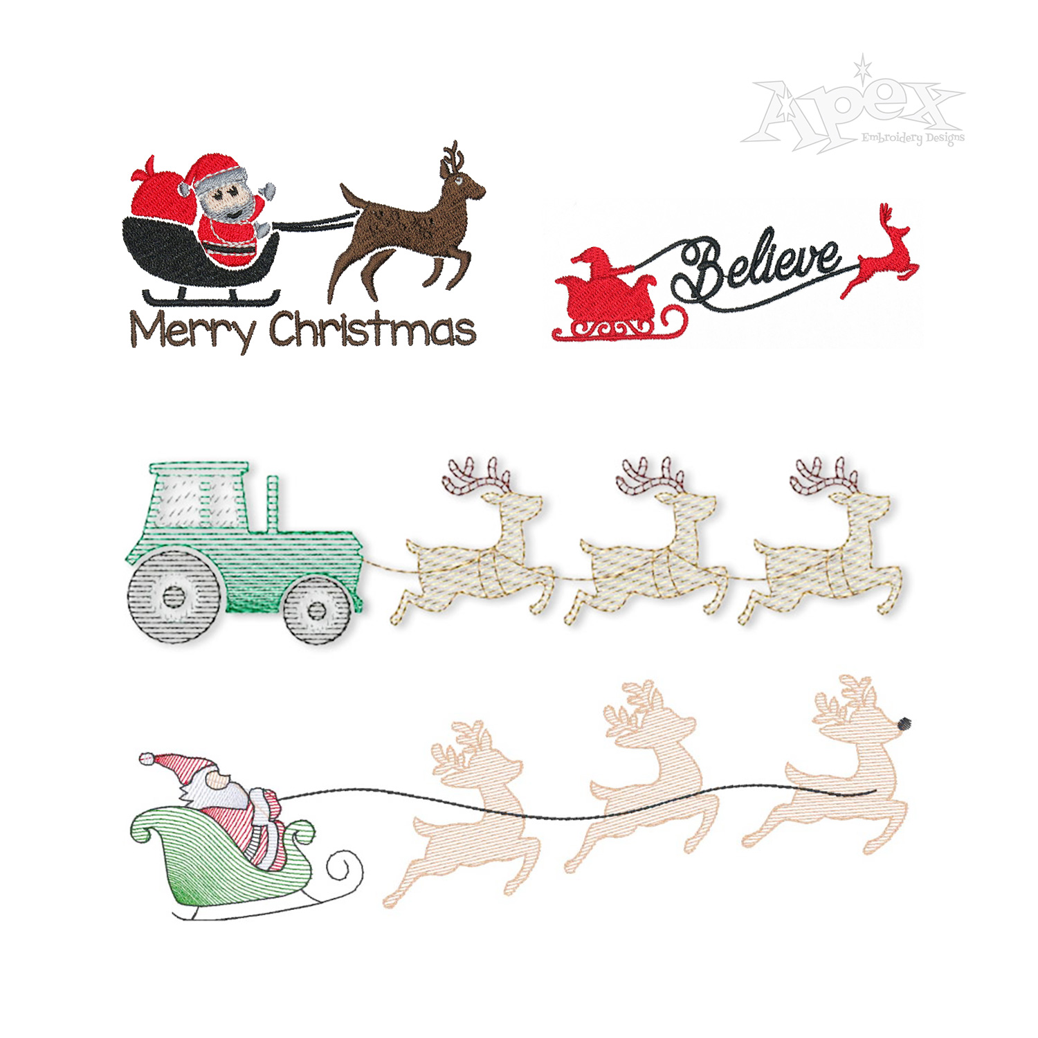 Christmas Sleigh Santa Reindeer Machine Embroidery Designs by Apex All