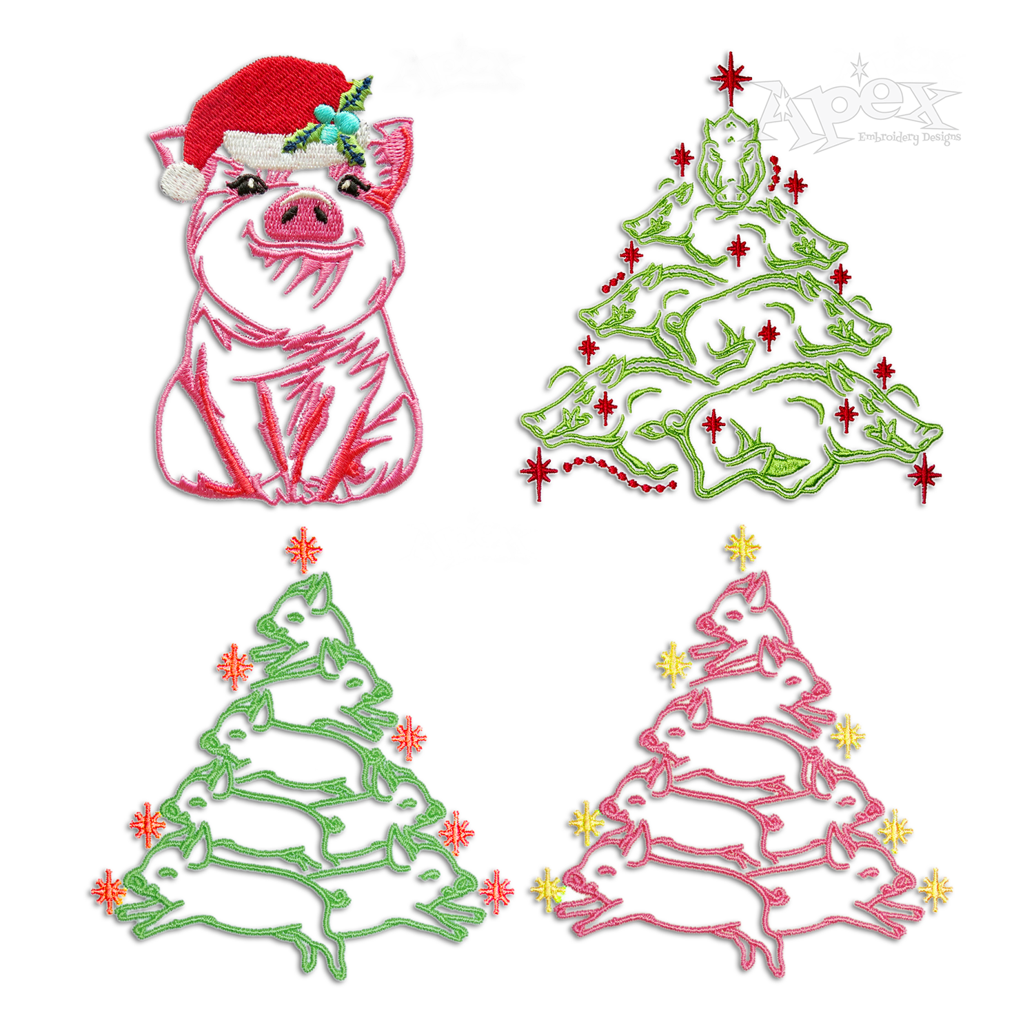 Christmas Tree Cute Baby Pig Boar Machine Embroidery by Apex All