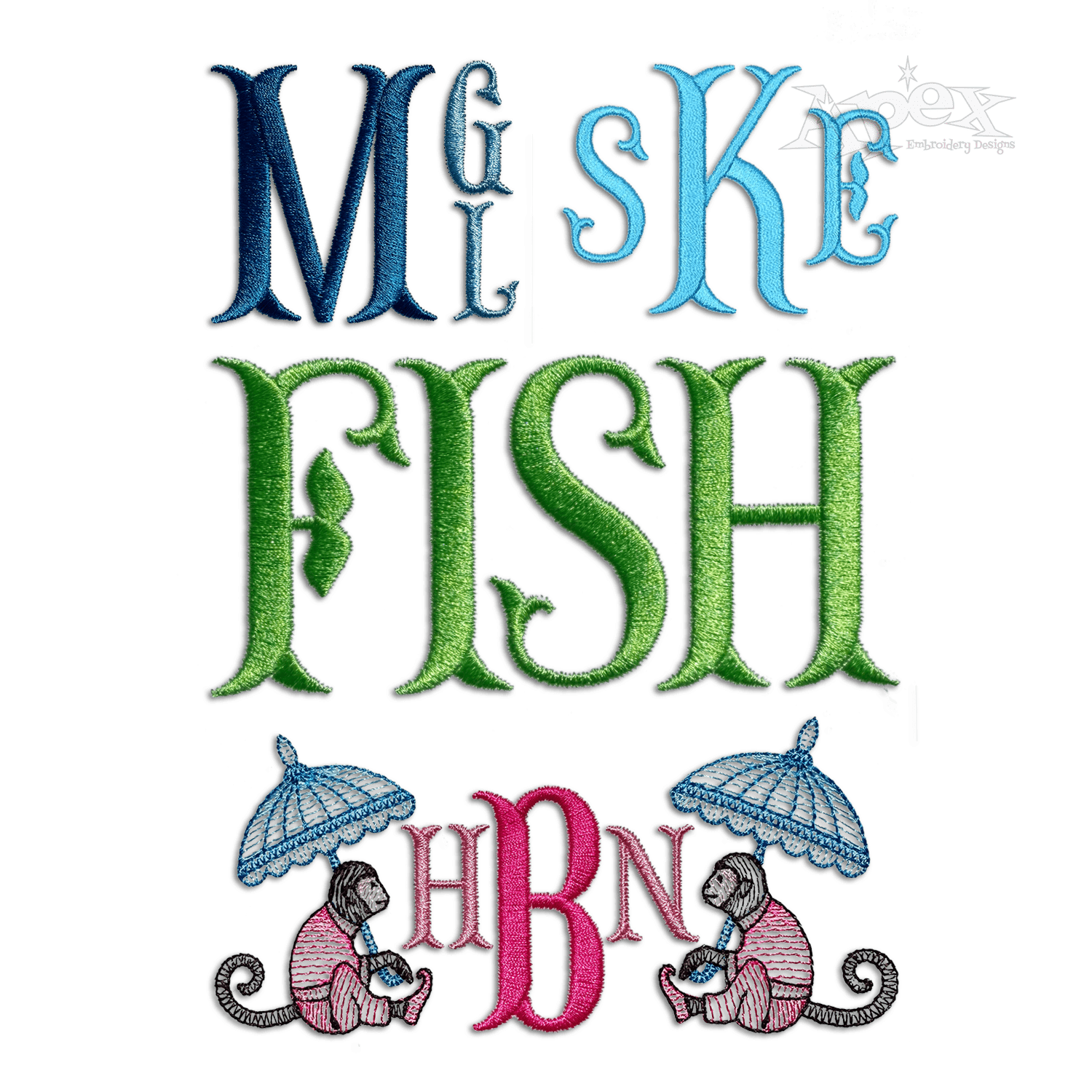 Fishtail Fancy Monogram Machine Embroidery Font - Apex All digitized