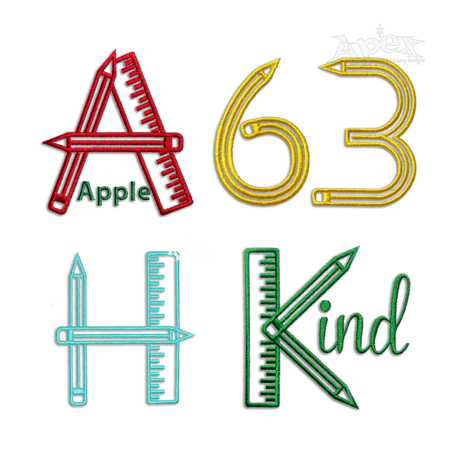 School Supplies Alphabet Machine Embroidery Font by Apex All