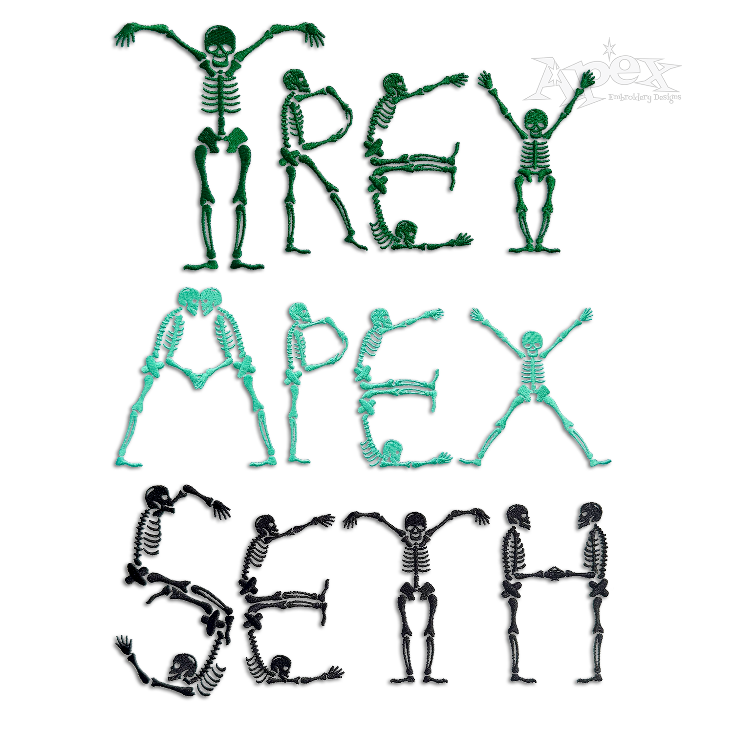 Skeleton Alphabet Machine Embroidery Font Digitized by Apex All