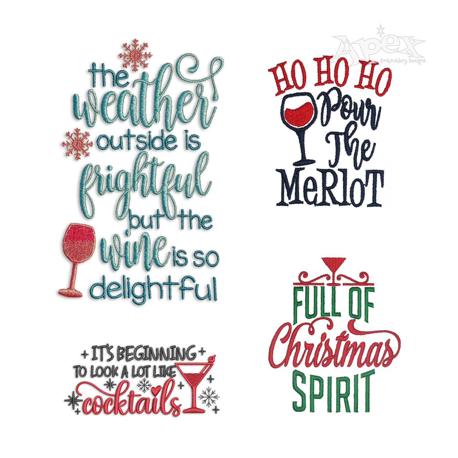 Christmas Spirit Wine Cocktails Sayings Embroidery Designs all