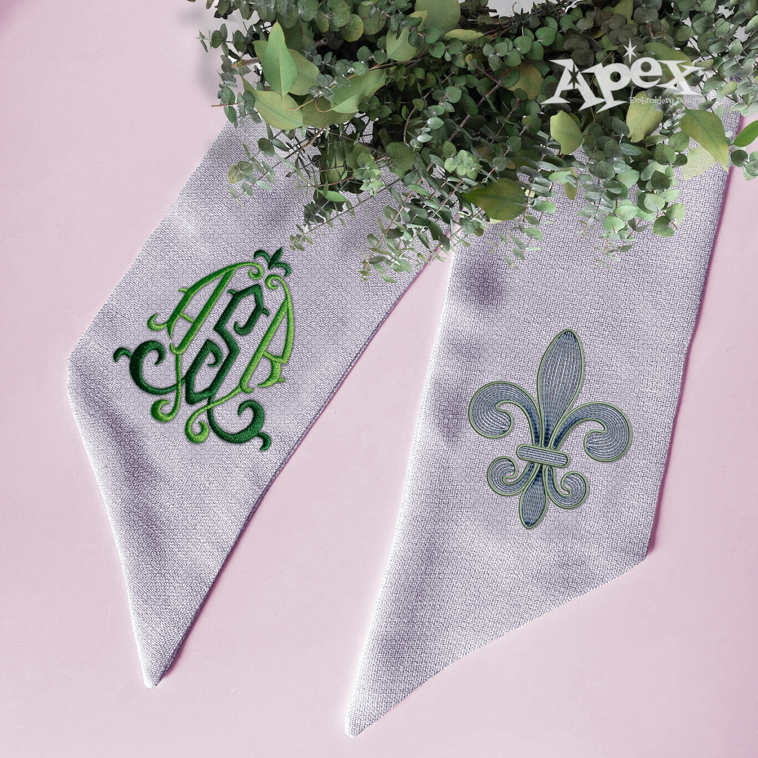 Nola fleur de lis Monogram Machine Embroidery Font by Apex Ribbon Sash