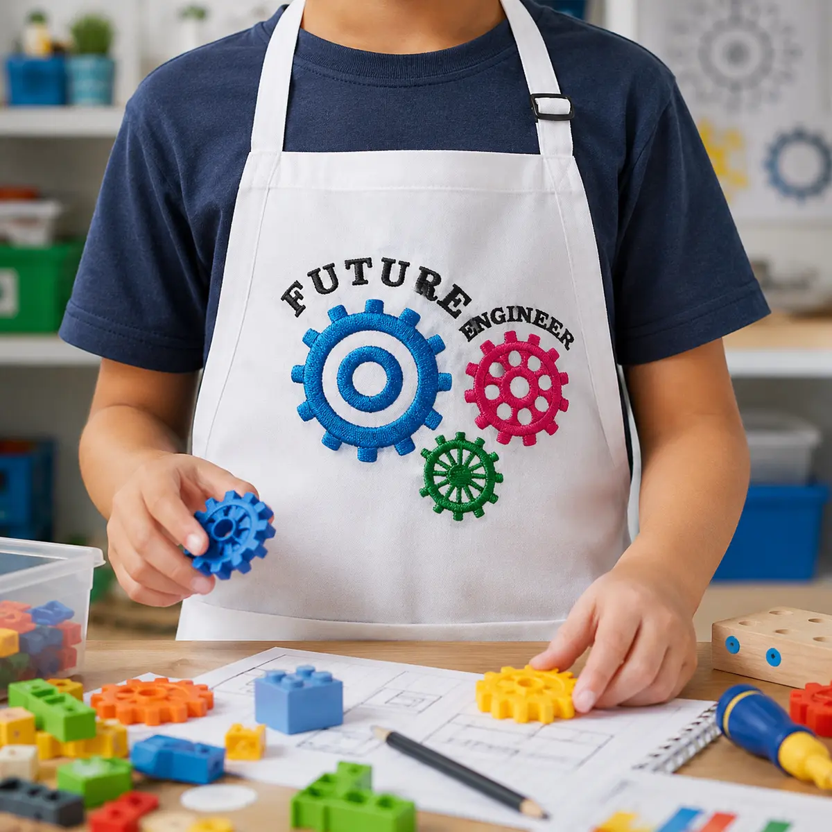 Future Engineer Gear Embroidery Design on kids apron