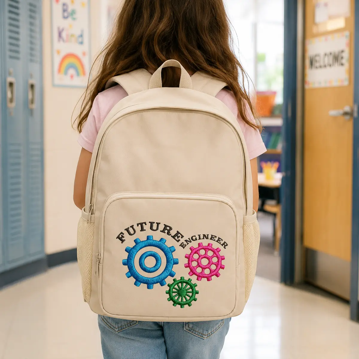 Future Engineer Gear Embroidery Design on kids school backpack